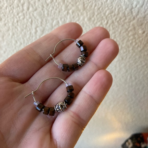 Handmade Jewelry - Handmade Dark Wood Beaded Hoop Earrings